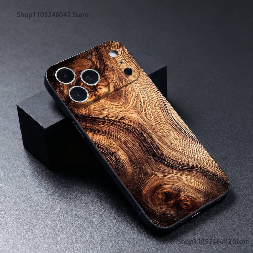 Natural Wood Phone Case For iPhone 17,16,15,14,13,12,11,Pro,XS,Max,XR,Plus,E,SE4,Mini Black Soft Cover