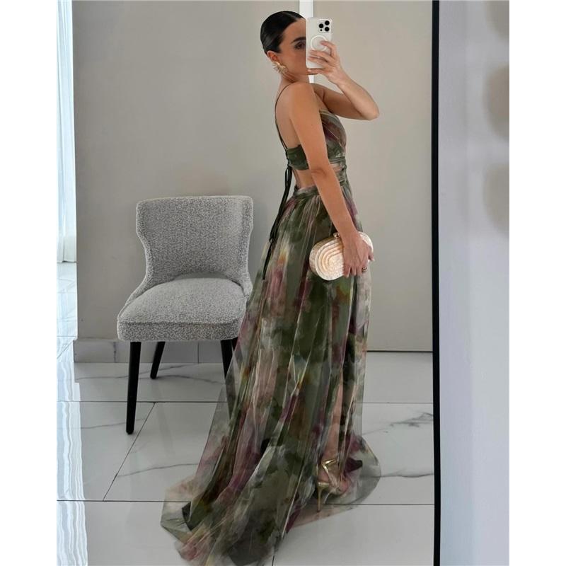 Women's New Mesh Printed Suspender Dress Summer Vacation Casual Party V-neck Waist Long Skirt