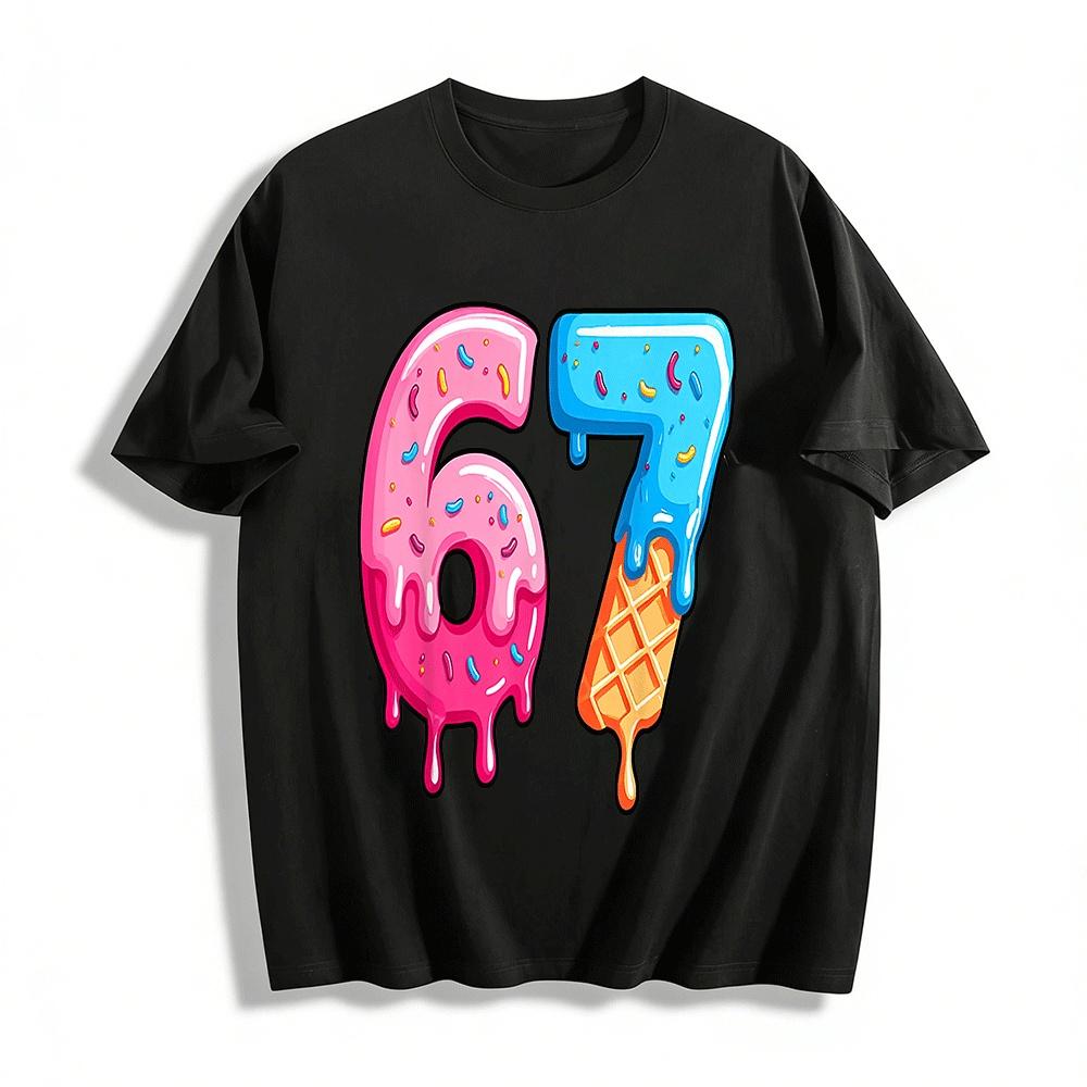 Fun Dripping Number 67 Ice Cream Donut Graphic Casual Tee Pure cotton T-shirt XXS