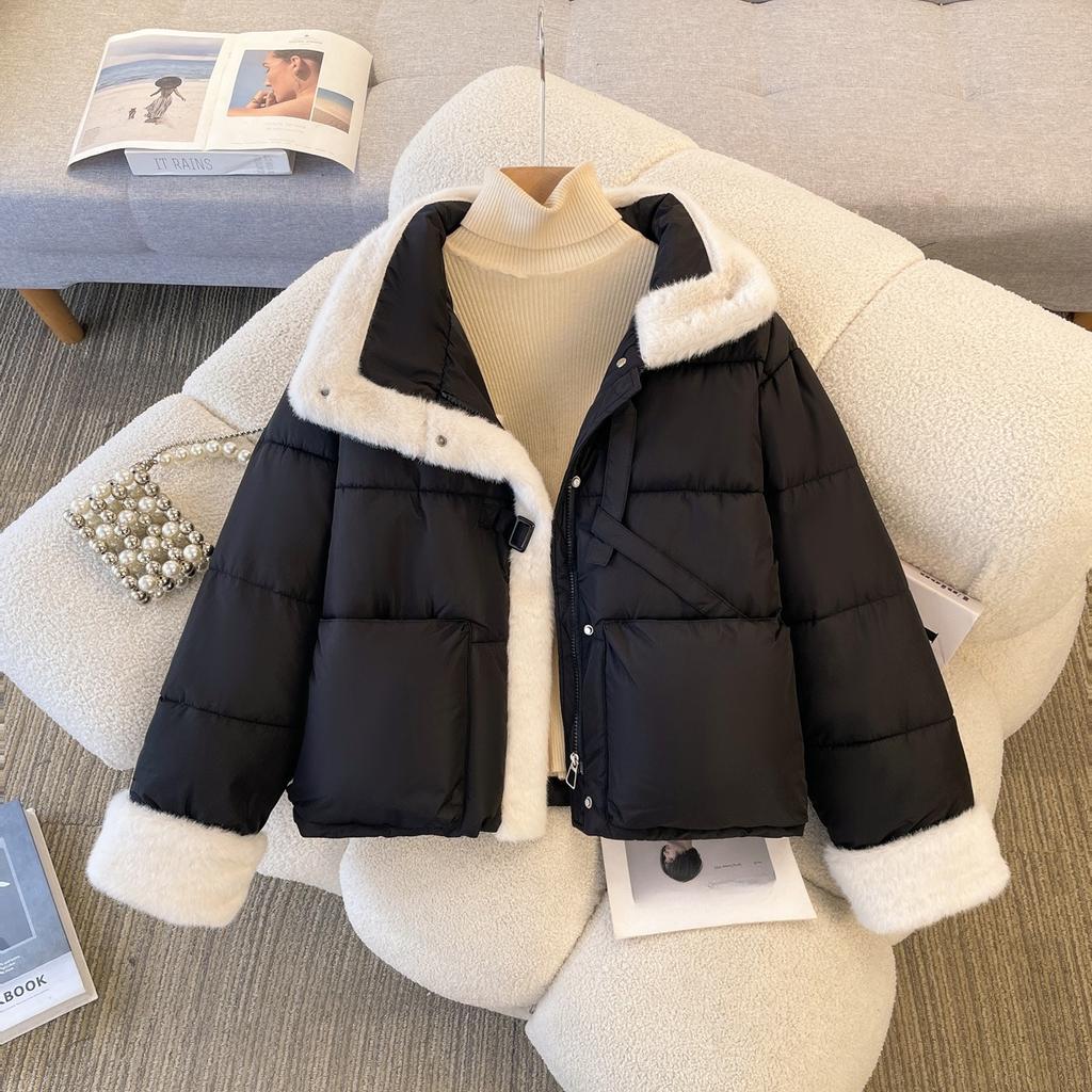 Fashionable Short Stand-up Collar Raw Edge Splicing Cotton Coat for Women Winter Fashion Cotton Coat and Jacket