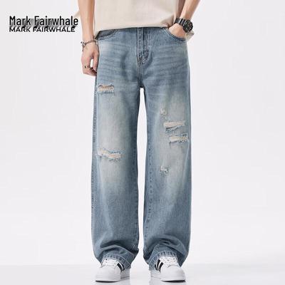 Mark Hua Fei Men's High Street Loose Fit Distressed Straight Leg Jeans