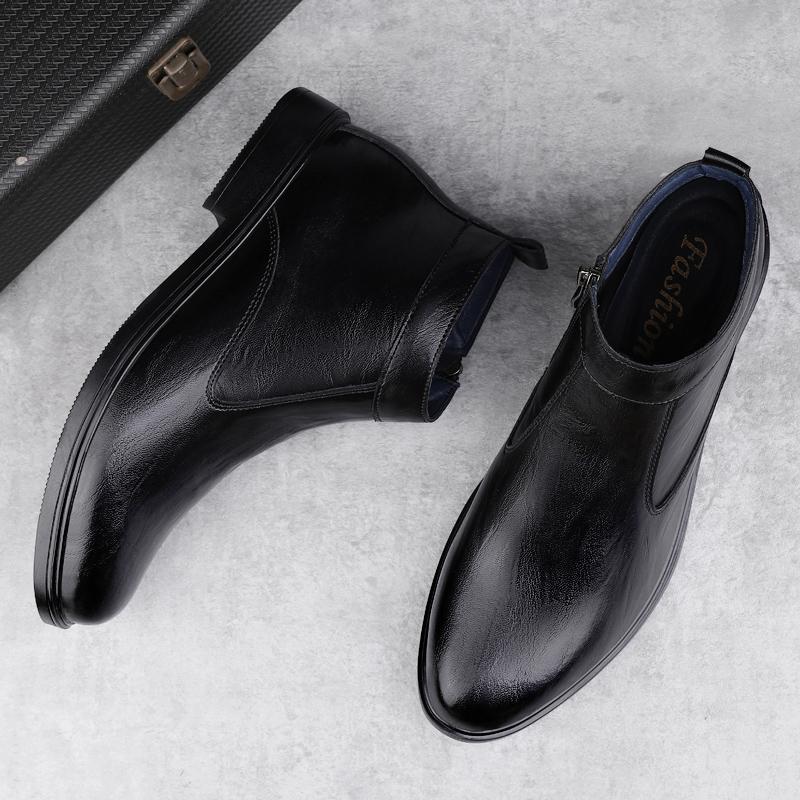 Genuine Leather Men Chelsea Boots New Men Winter Plush Snow Boots Soft Ankle Boots Formal Business High Top Shoes Man Warm Botas