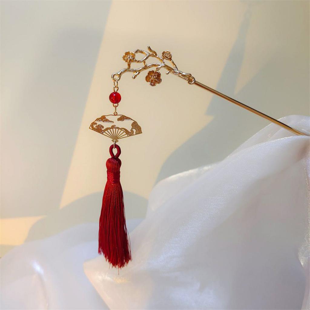 Retro Flower Tassel Hairpin For Women Elegant Peach Blossom Folding Fan Pendant Hair Stick Chinese Style Girls Hair Accessories