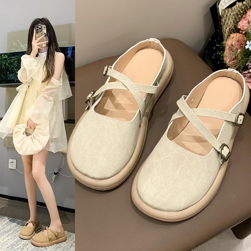 Slippers women's autumn and winter 2025 new bag head platform half slippers fashionable versatile round head cross Mary Jane single shoes