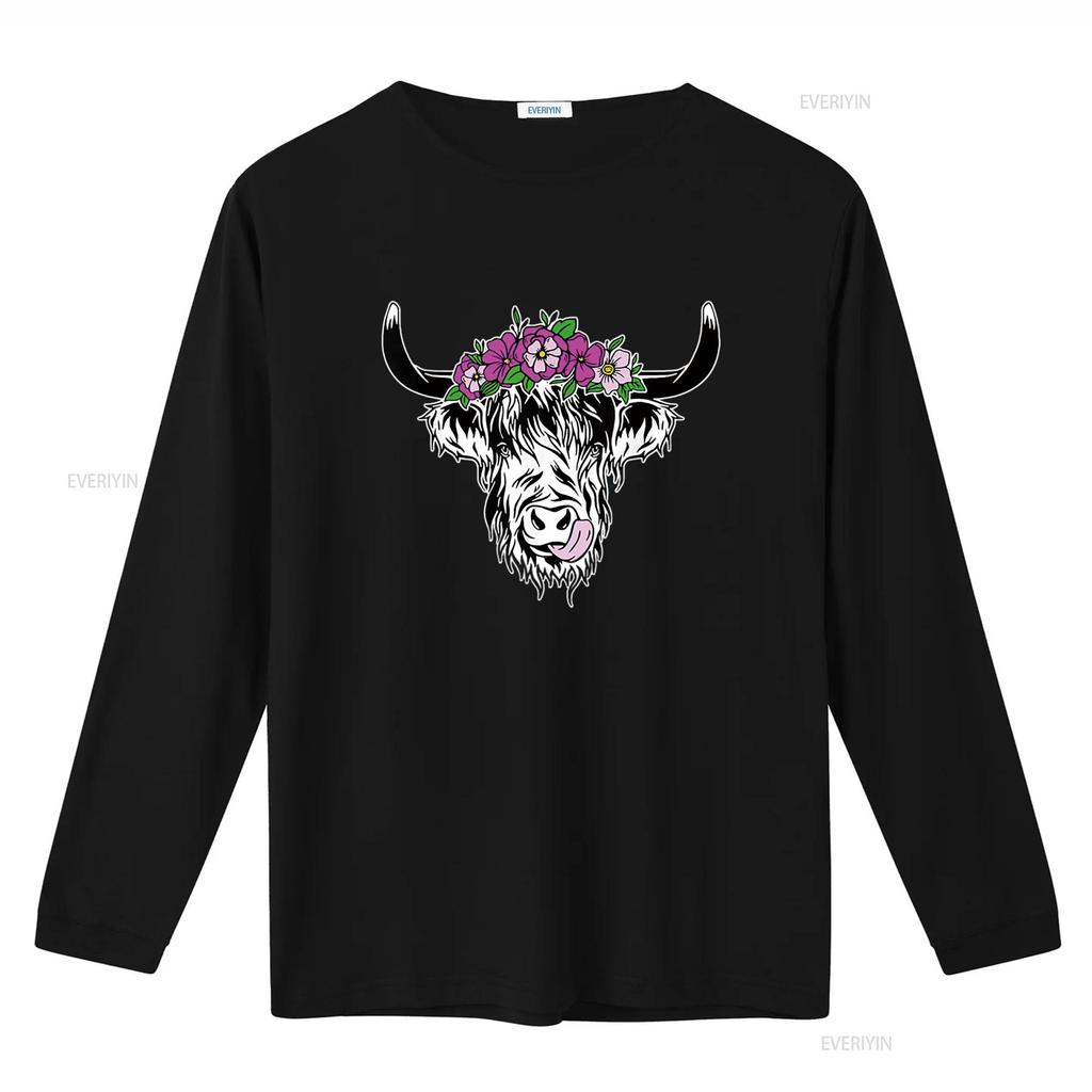 Damen Schottische Hochlandkuh Rinder Haarige Blumen Damen T-Shirt Schwarz Vintage Gewaschen Designer-Kleidung Dehnbar Mode