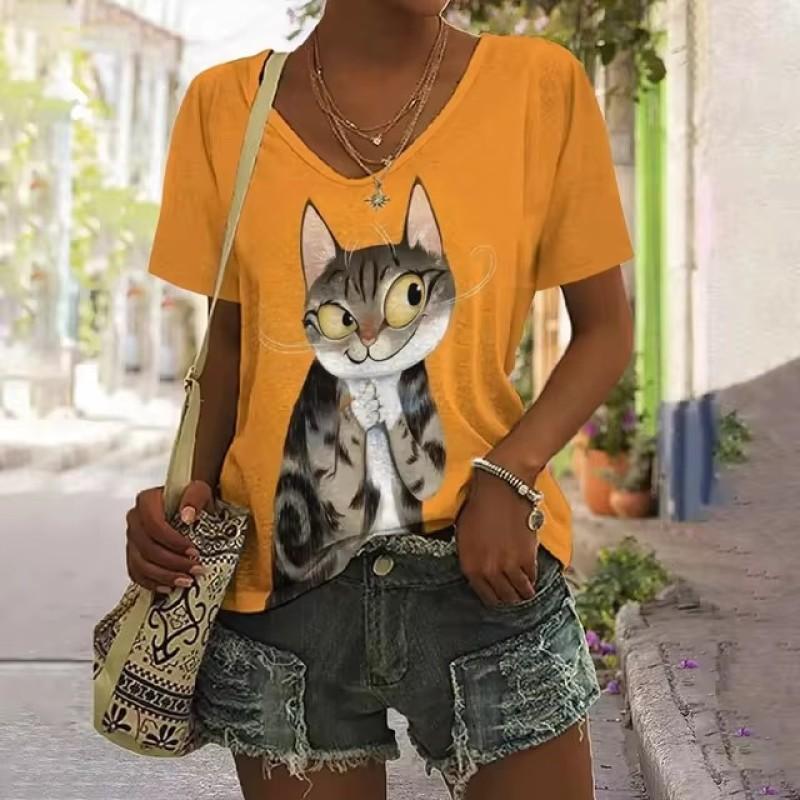 Fashionable And Simple  Summer Oversized Comfortable T-shirt Design Inspired Geometric Pattern Printed Women's V-neck Top