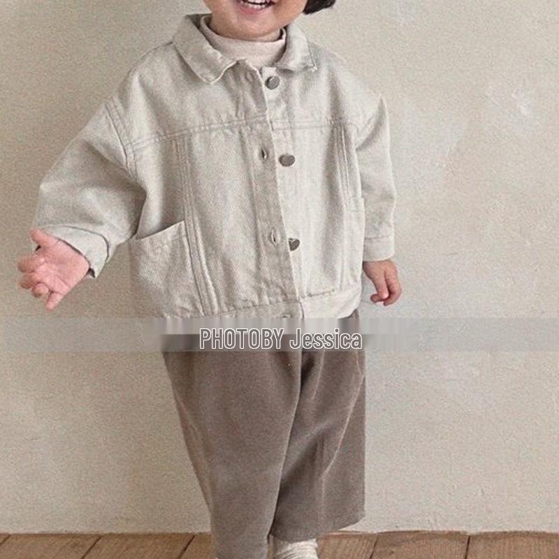 Korean Spring Fashion Denim Jacket for Kids: Stylish Boys & Girls Lapel Coat with Side Pockets
