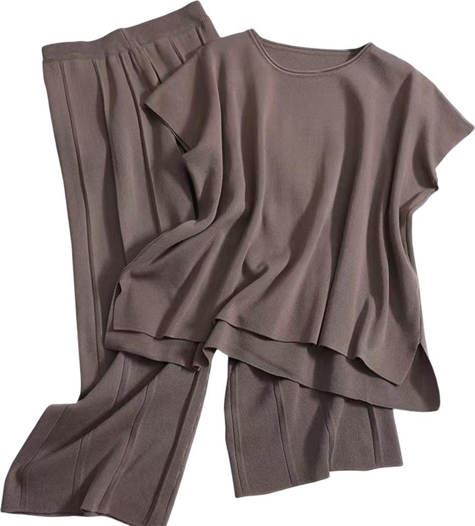 Maria Marfa French Sleeve and Pants Remote Office Maxi Size Cut and T-Shirt High-Waisted Set, 2-Piece Set, Spring/Summer, Collarless, Brown, Pants,