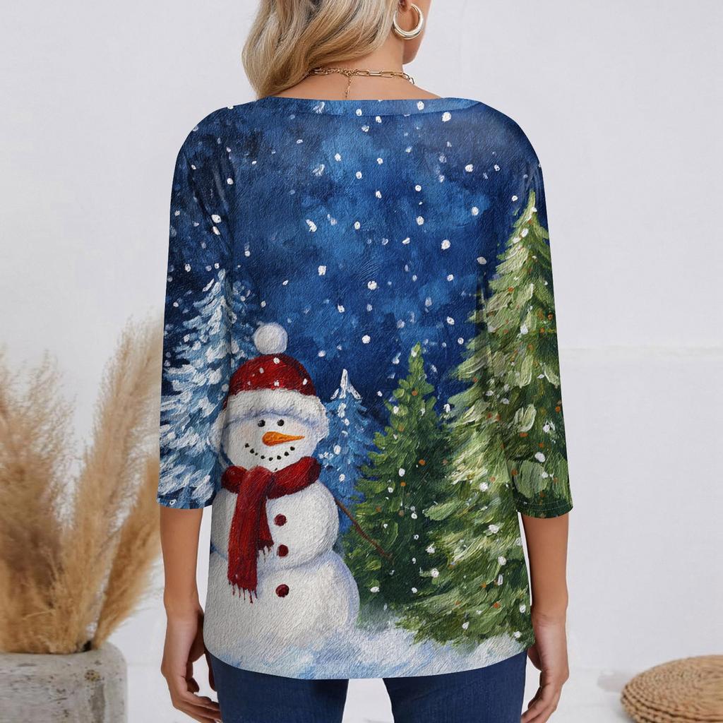 3/4 Sleeve Shirts For Women Print Christmas Tees Blouses Casual Plus Size Basic Tops Pullover