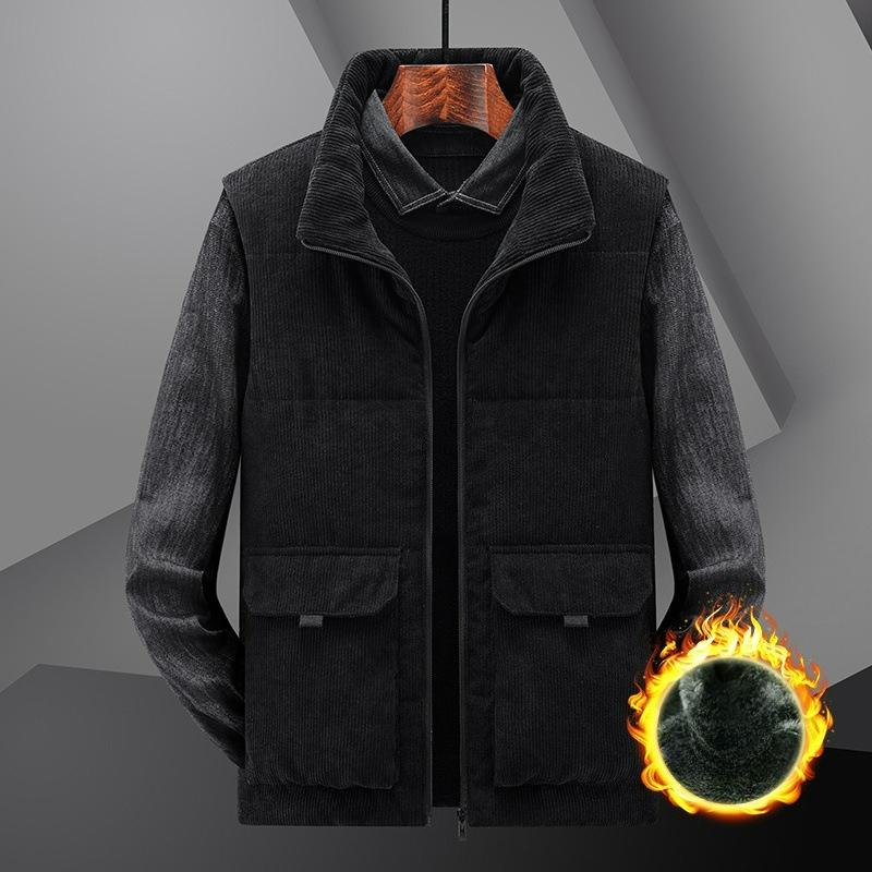 Winter Men's Corduroy Vest Plus Velvet Thickened Vest Men's Plus Size Stand-up Collar Waistcoat Multi-pocket Tooling Trend