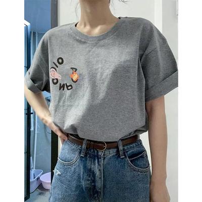 Pure Cotton Short Sleeve T-shirts for Women 2025 Summer Casual Oversized T Shirt Harajuku Letter Print Gray Y2k Tops Hip Hop Streetwear
