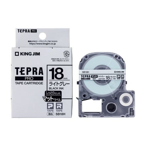 King Jim [Originální] Tepra PRO pásková kazeta s matným štítkem 18mm světle šedá/černá písmena 8m SB18H