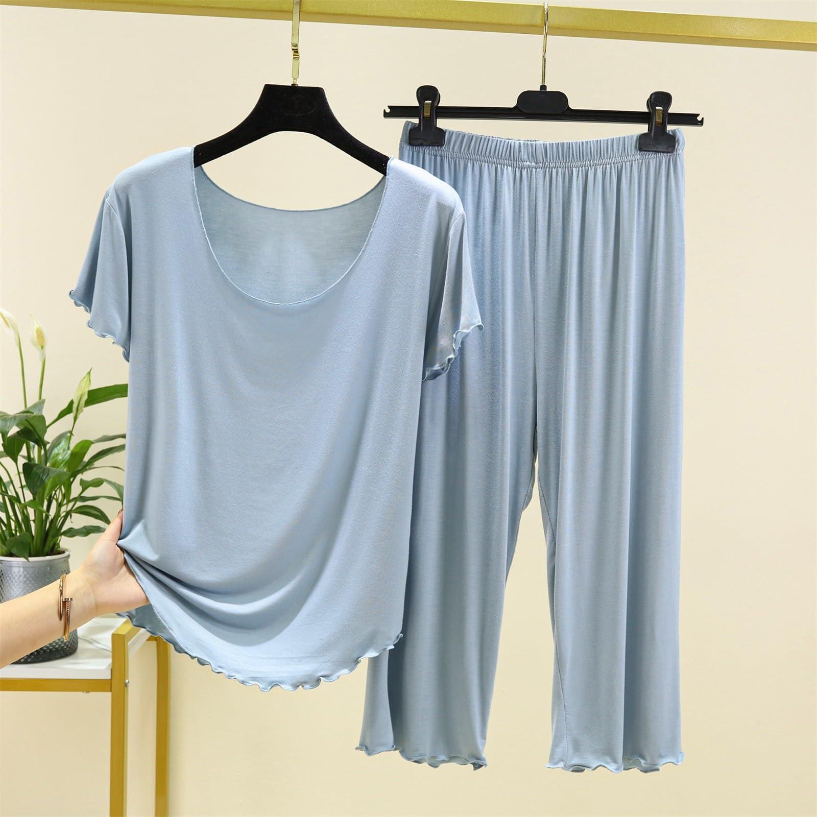 

Женская модная однотонная домашняя пижама с короткими рукавами, семь брюк, комплект с деревянными ушками L