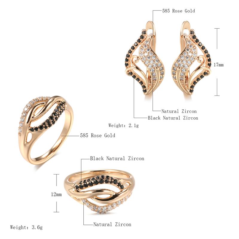 Nuevos Pendientes Anillo con Hojas Color Oro Rosa Conjuntos Para Mujeres Bling Zircón Negro Natural Pendientes Finos Elegantes Conjuntos de Joyería para Bodas