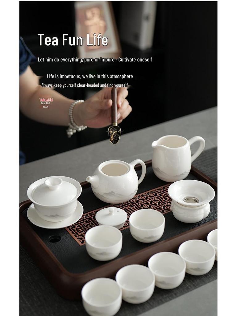 Mutton Fat Jade Kung Fu Tea Set with White Porcelain Teacups - 2025 Gift Box for Elders Souvenir