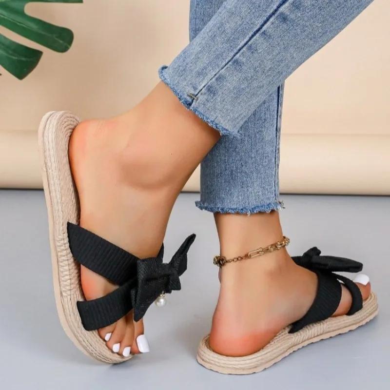 Fashion Women Slippers 2025 Summer New Fashion Bow Flat Shoes for Women Open Toed Casual Beach Flip Flop Female Zapatos De Mujer