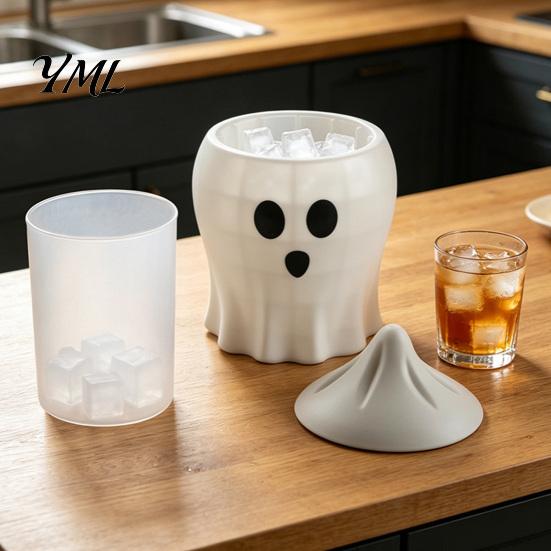 Silicone Ice Cube Mold Halloween Bucket Mold, Pumpkin Ghost Tray with Drain Basket, 2 Party Drink Accessories In 1 Freezer Cooler for Drinks