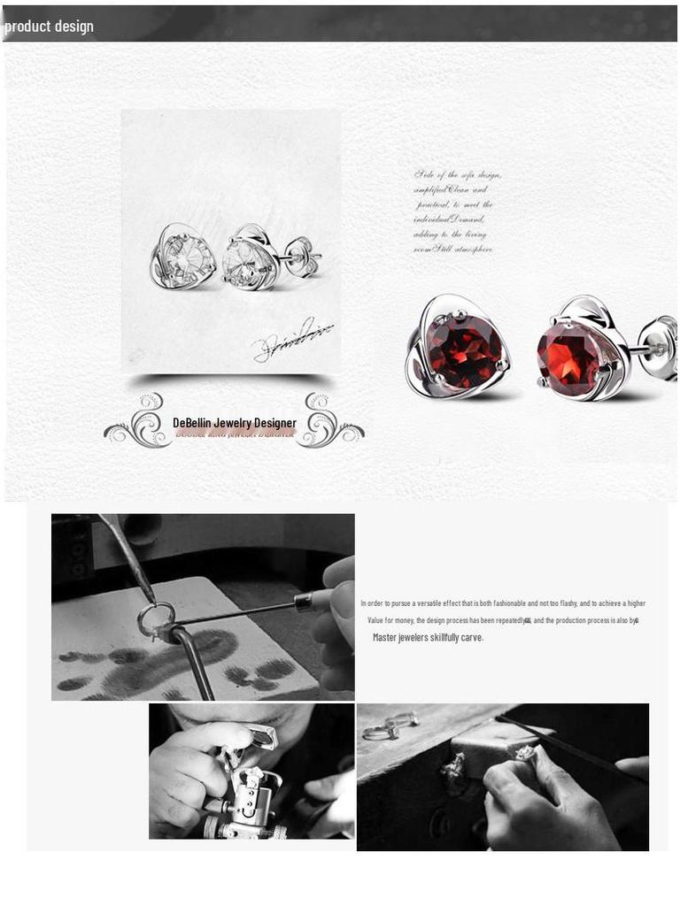 Sterling Silver Garnet Red Heart Stud Earrings - Korean Style