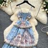 French Romantic Style Blue Floral Spaghetti-Strap Long Dress for Women Summer Korean-Style Tiered Slimming VacationBeach Dress