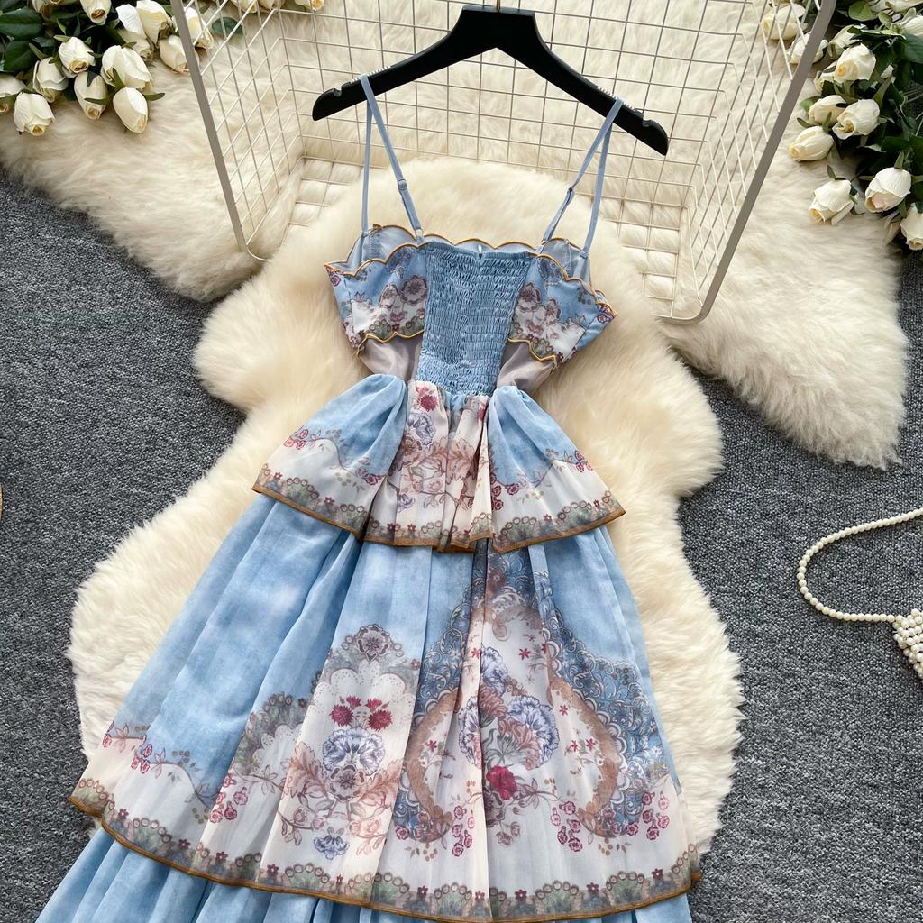 French Romantic Style Blue Floral Spaghetti-Strap Long Dress for Women Summer Korean-Style Tiered Slimming VacationBeach Dress