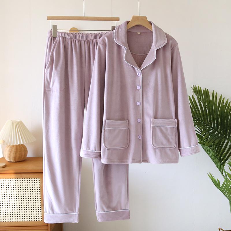 Women's Winter Fleece Pajama Set - Warm Cardigan, Long Sleeves, Side Pockets, Can Be Worn Outside in Spring and Autumn