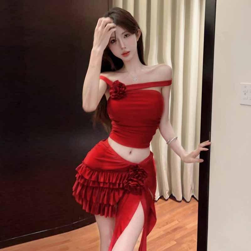 Fashion women's clothing Spice Girl slim top + flower ruffle skirt set