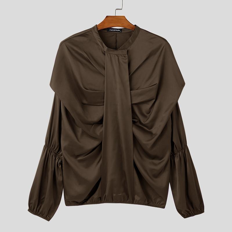 

INCERUN Мужские рубашки с круглым вырезом и длинным рукавом, однотонные, с оборками, для вечеринок, сатиновые 3XL коричневый