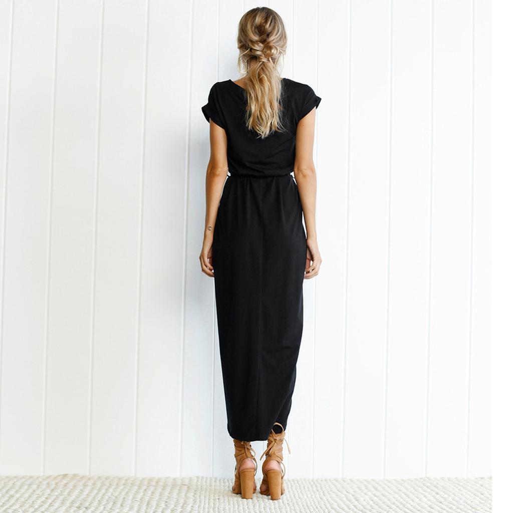 Fashionable Women'scolor Short-sleeved Round Neck Irregular Dress With Rolled-up Sleeves