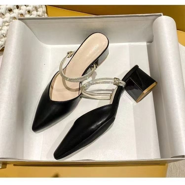 Fashion pointed thick heel solid color bag head slippers 2025 summer new rhinestone sandals daily casual lady high heels