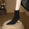 Women's Black Sock Ankle Boots - Pointed Toe, Mid-Calf, High Crystal Heel, Elastic Fit for Autumn/Winter 2025.