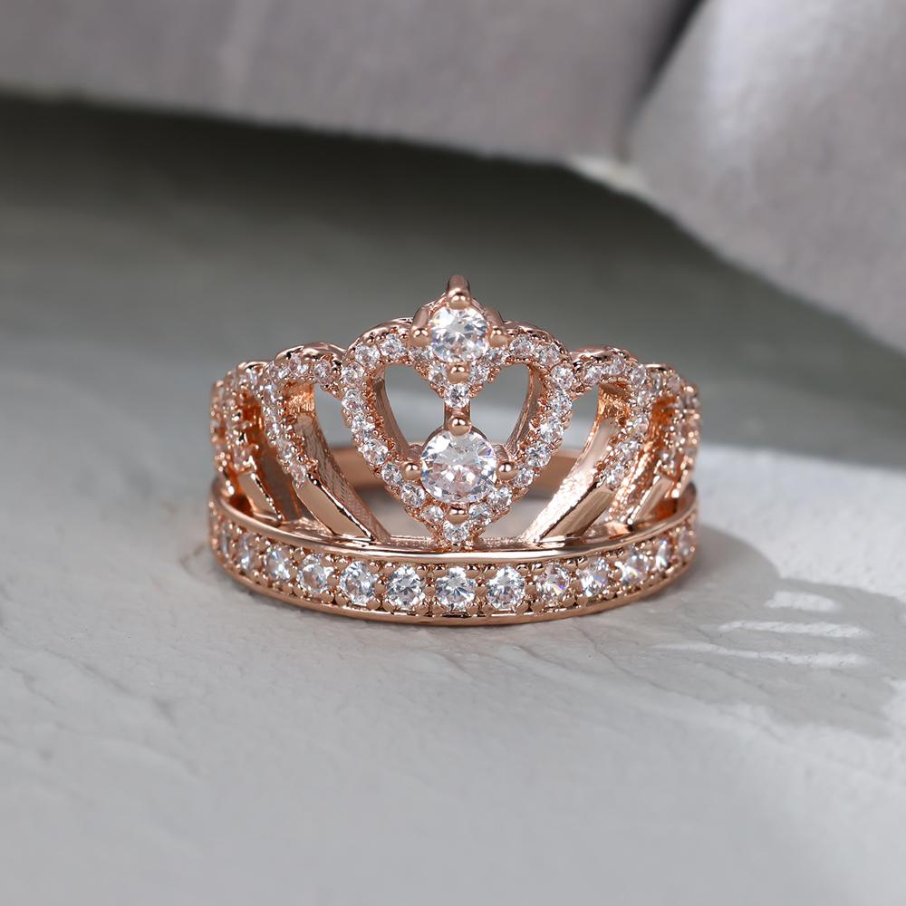 Classic Heart Crown Rings For Women Rose Gold Silver Color Inlay White Zircon Promise Engagement Wedding Bands Mothers Day Gifts