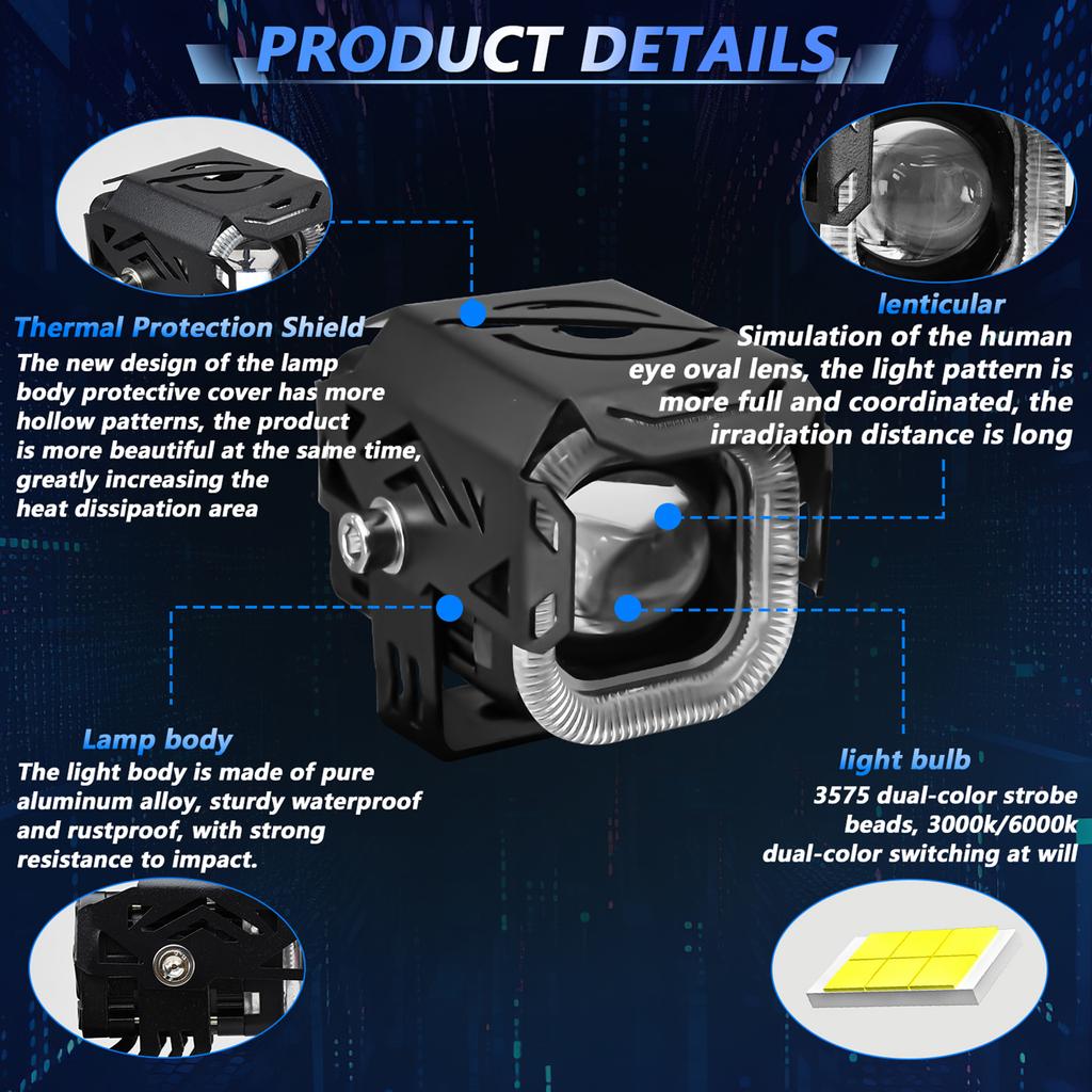 Motorcycle LED Driving Fog Lights, 60W 4000LM 4 Lighting Modes LED Auxiliary Lights IP68 Waterproof