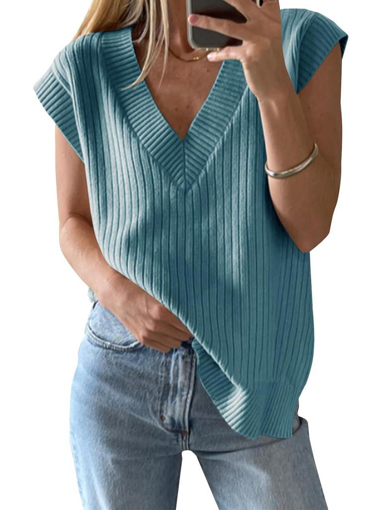 2025 New European & American Women's V-Neck Short-Sleeve Knitted Top - Versatile Loose Sweater In Solid Color