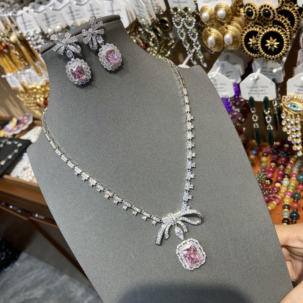 Light Luxury Redeen Cut Pink Zirconium Bow Necklace Women'S, Stylish Pink Full Diamond Jewel Stud Earrings Two-Piece Set