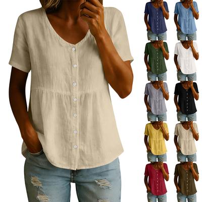 Womens Short Sleeve V Neck Button Down Blouse Loose Fit Casual Top Summer Lightweight Shirt Soft Fabric