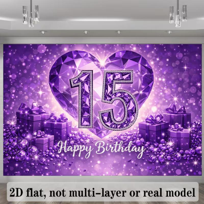 Sfondo per Festa di 15° Compleanno 2D, Glitter Viola Diamante e Scatola Regalo Sfondo Fotografico