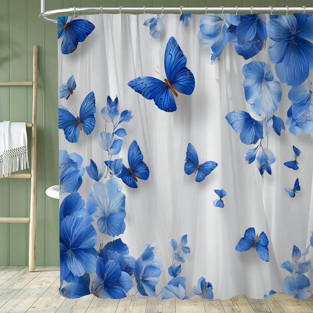 1pc Beautiful Blue Butterfly Shower Curtain Floral Bathroom Contain Decoration Printed Polyester Fabric Contains 12 Hooks