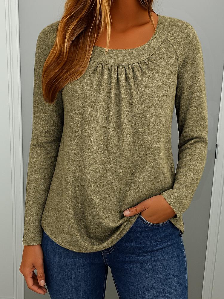 Women s Scoop Neck Long Sleeve Tee Relaxed Fit Vintage Solid Color Ruched Knit Casual Top S