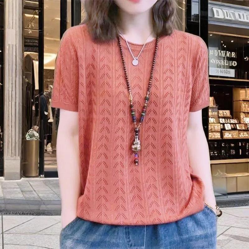 Women's Summer Orange Hollow Out Knit Short Sleeve T-shirt Casual Crew Neck Top