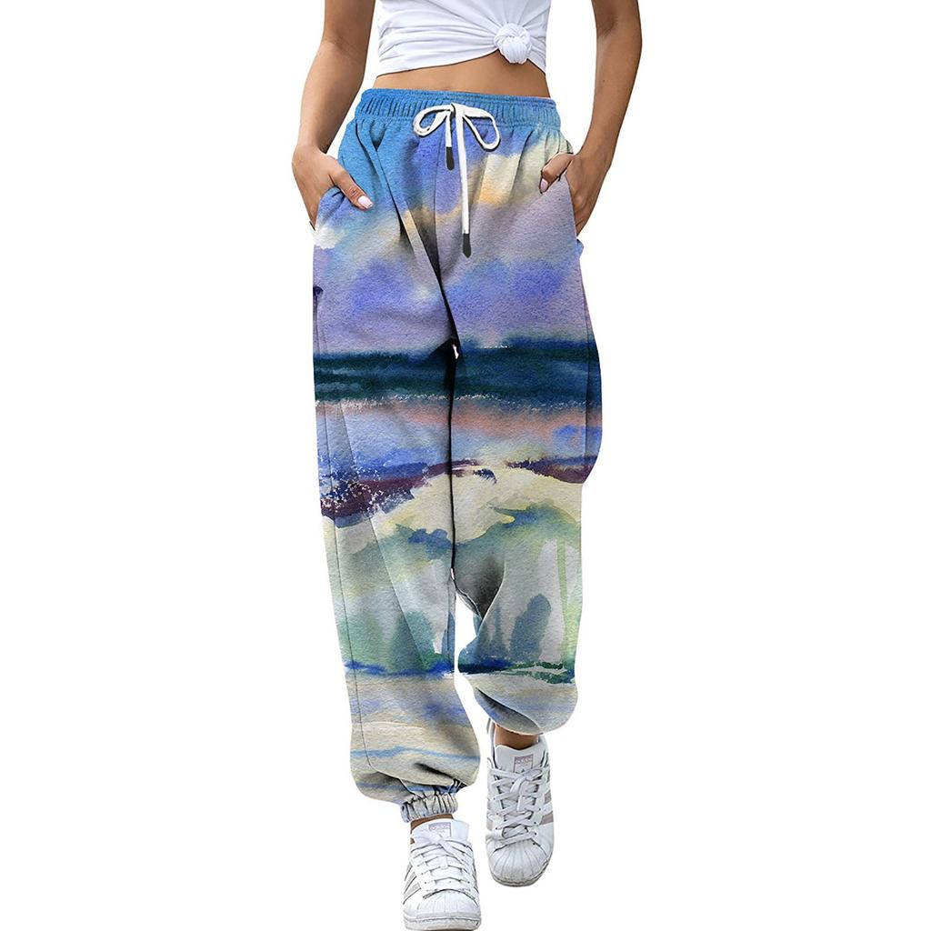 Women's Gigital Color Printing Casual Sports Pants Loose Drawstring Trousers