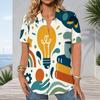Women Plus Size Light Bulb Book Gear Idea Theme Print Short Sleeve Button Down Shirt