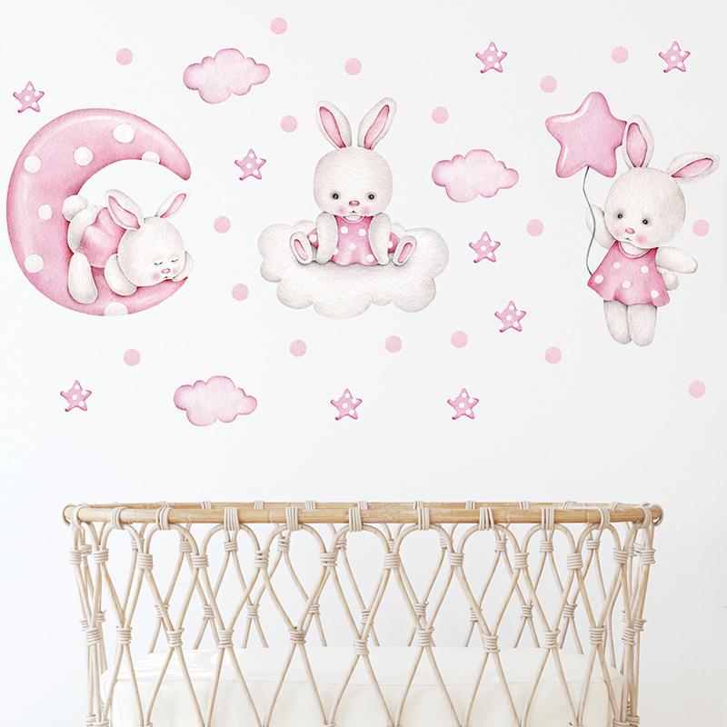 Cartoon Cute Pink Bunny Wall Stickers Girlish Style Girl Children's Room Kindergarten Self-adhesive Decoration Beautification