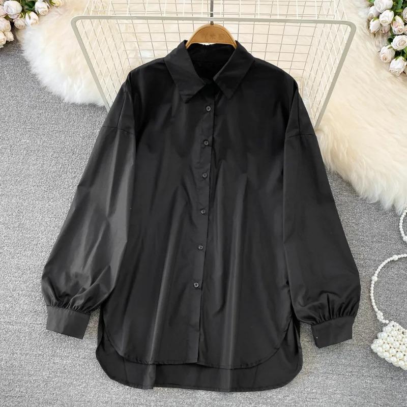 Elegant Simple Plus Size Casual Women's Shirts Spring and Autumn Loose Lantern Sleeve Cotton White Blouses Women Button Up Solid Shirt Top S-5XL 26032