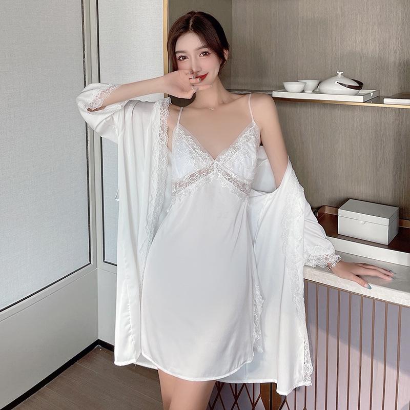 Lace Hollow Temptation Suspender Nightdress Ice Silk Sexy Hot Sexy Pajamas Two-Piece Set Chest Pad