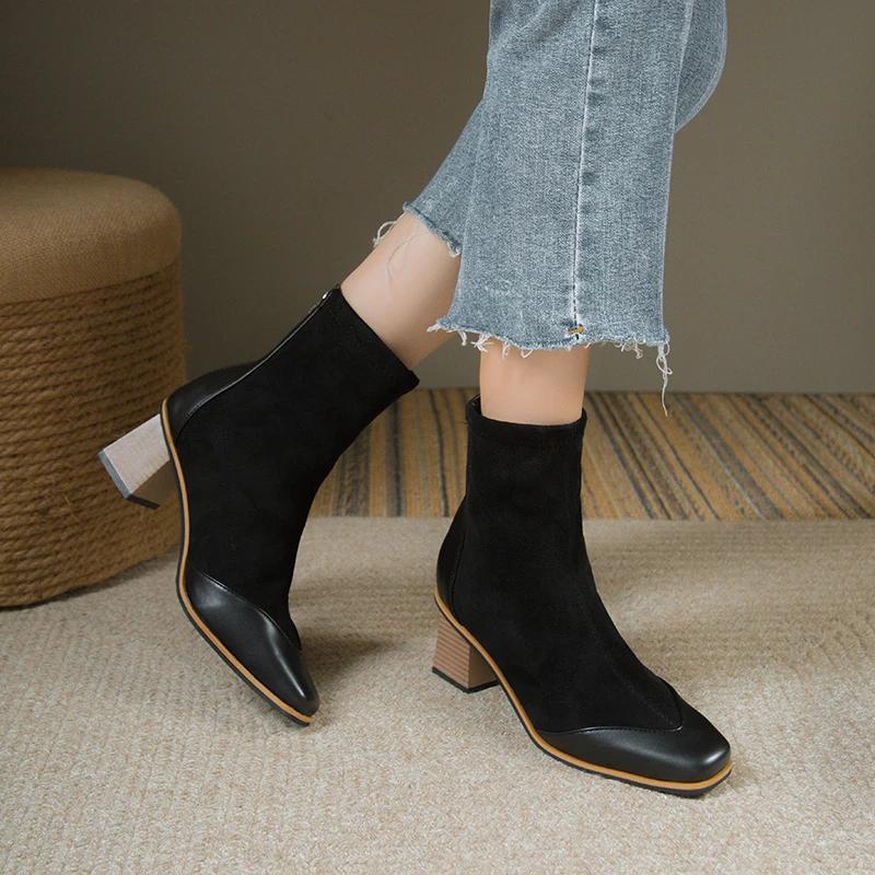 Fashion Winter New Thick Heel Cotton Boots Women's Square Head Splicing Suede Back Zipper Anti-slip Wear-resistant Short Boots