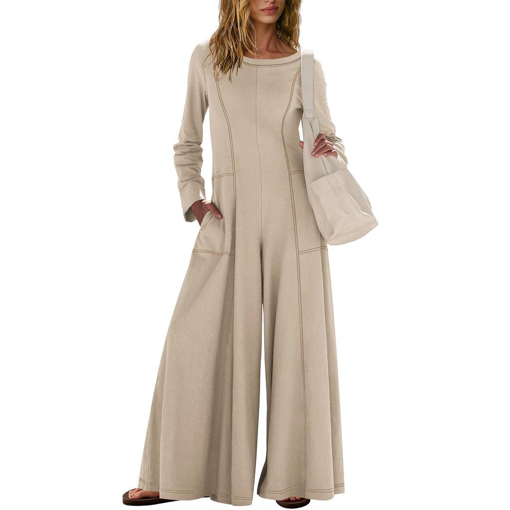 Damen Modischer Lässiger Rundhals Langarm Tasche Lässiger Lockerer Weitbeiniger Jumpsuit