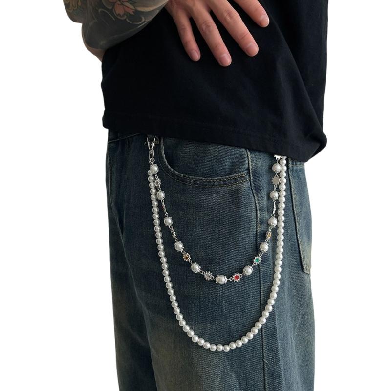 Layered Pants Chain Rhinestones Flower Faux Pearls Accent Punk Style Metal Jeans Chain For Men Women