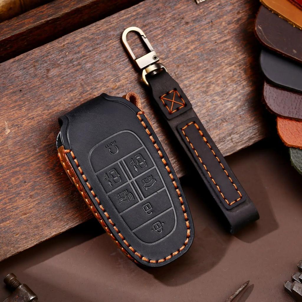 Leather Car Key Case Cover Fob Accessories for Hyundai Tucson Solaris Sonata Hybrid Nexo Nx4 Grand Santa Fe Keychain Holder Bag
