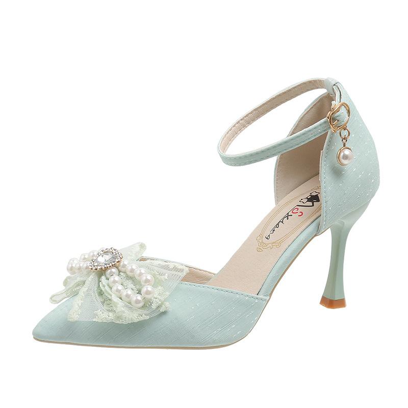 

Fairy style bow rhinestone high heels hollow word with pointed sandals French white wedding shoes stiletto shoes 39 павлин голубой