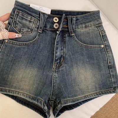 Women's Retro High Waist Denim Shorts - 2026 Summer Style, Spicy Petite Fit, Elastic A-line Hot Pants